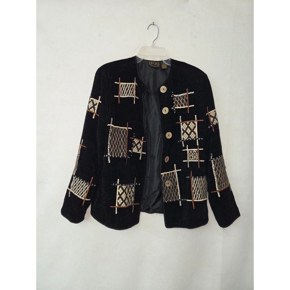 Julia Kin Embroidered Patch Jacket Women Small Black Chenille Rayon Art to Wear